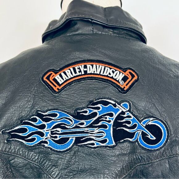 Unik Black Cropped Leather Jacket with Fringe, Harley Patches size Large - Picture 8 of 15